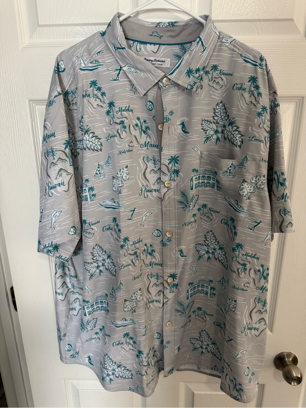 Tommy Bahama Light Gray Shirt with Teal Island Print